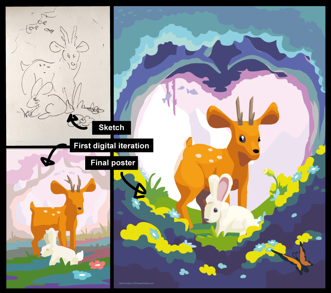 The process of "The Deer and the Rabbit", from sketch to finished poster