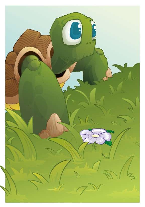 A turtle drawn with outlines and soft colour gradients, unlike the 2026 version which is drawn without outlines