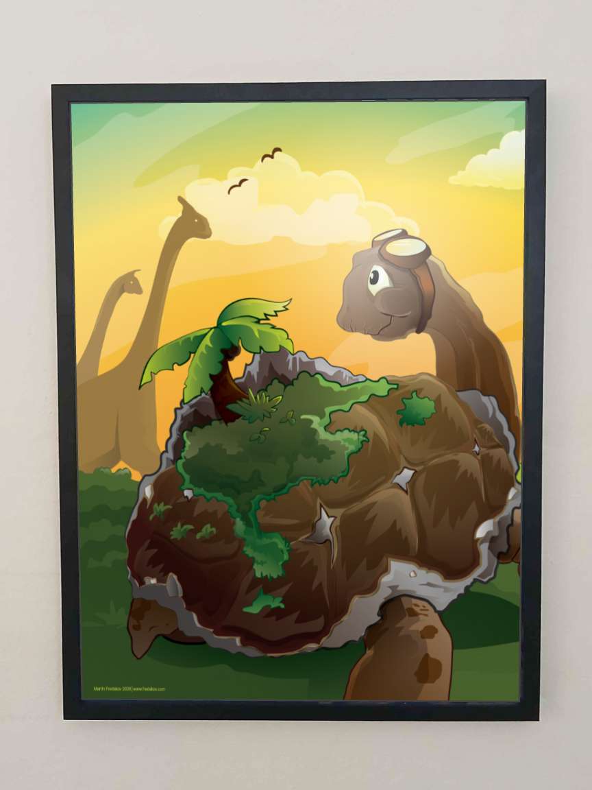 The poster Hopeful Hans in a black frame on a wall