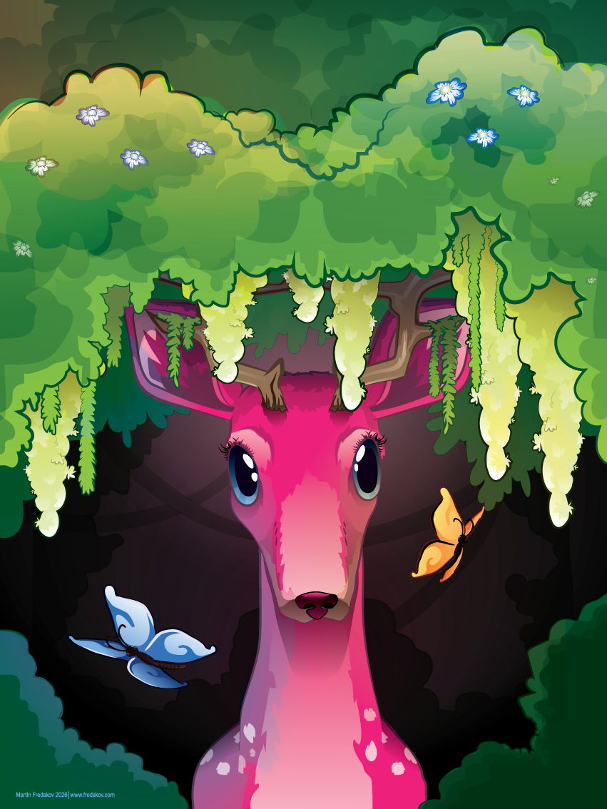 A pink deer watching from among the trees, with two butterflies