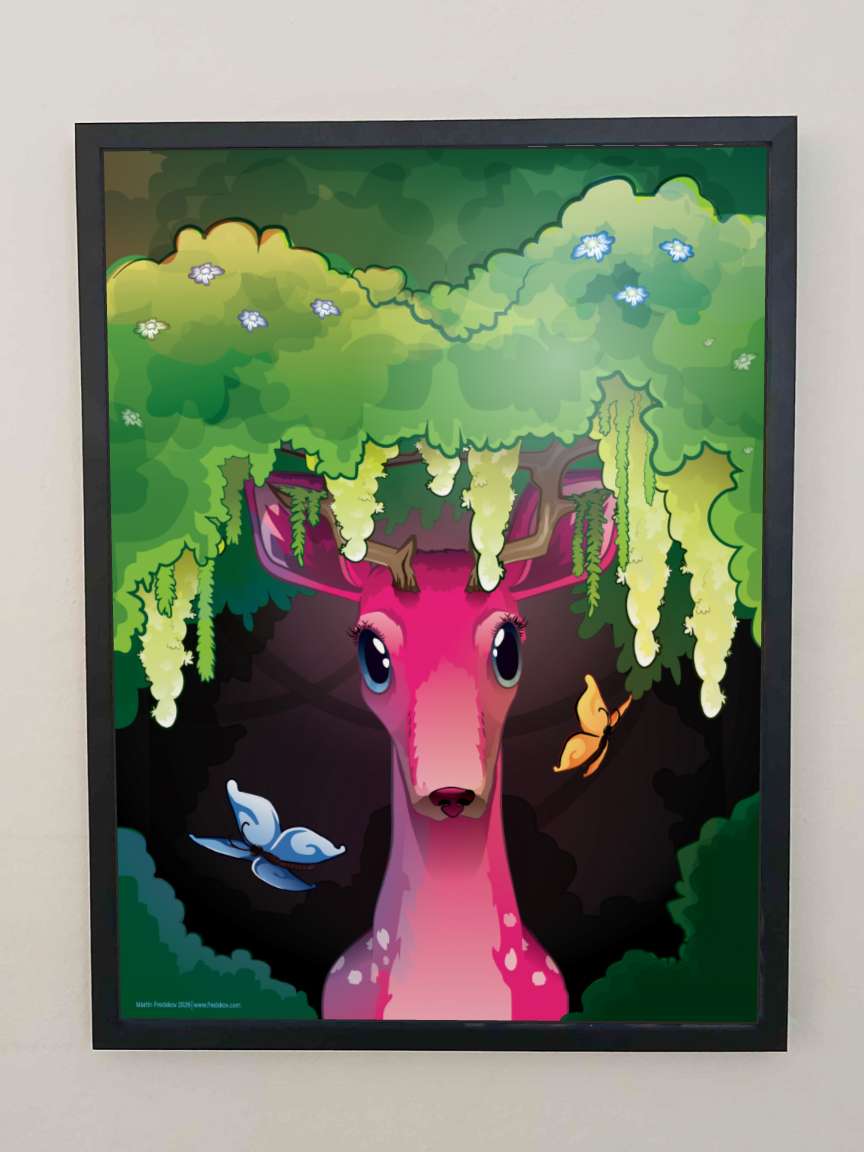 The poster The Deer in a black frame on a wall