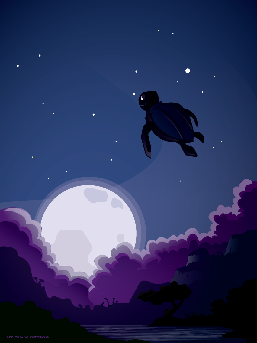 A sky turtle floating across the night sky under the moon
