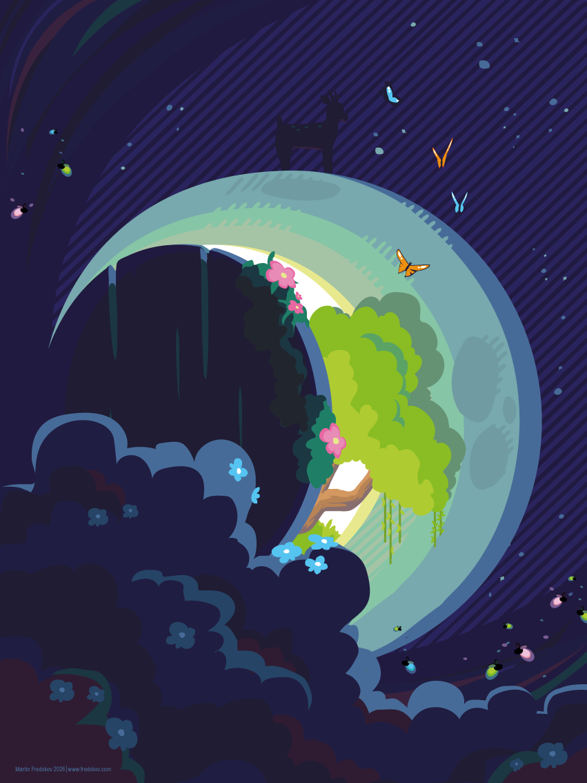 A crescent moon inviting to adventure among fireflies, butterflies and deer