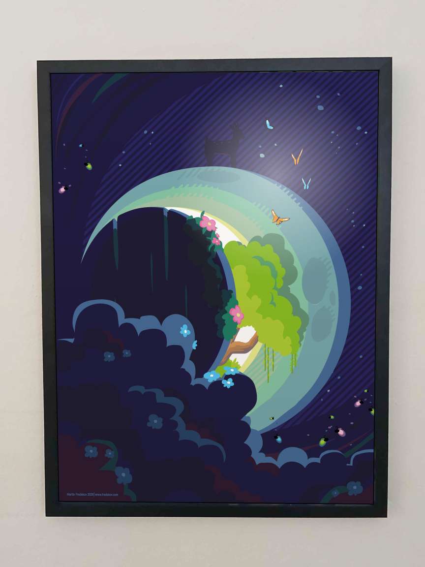The Moon Poster in a black frame on a wall