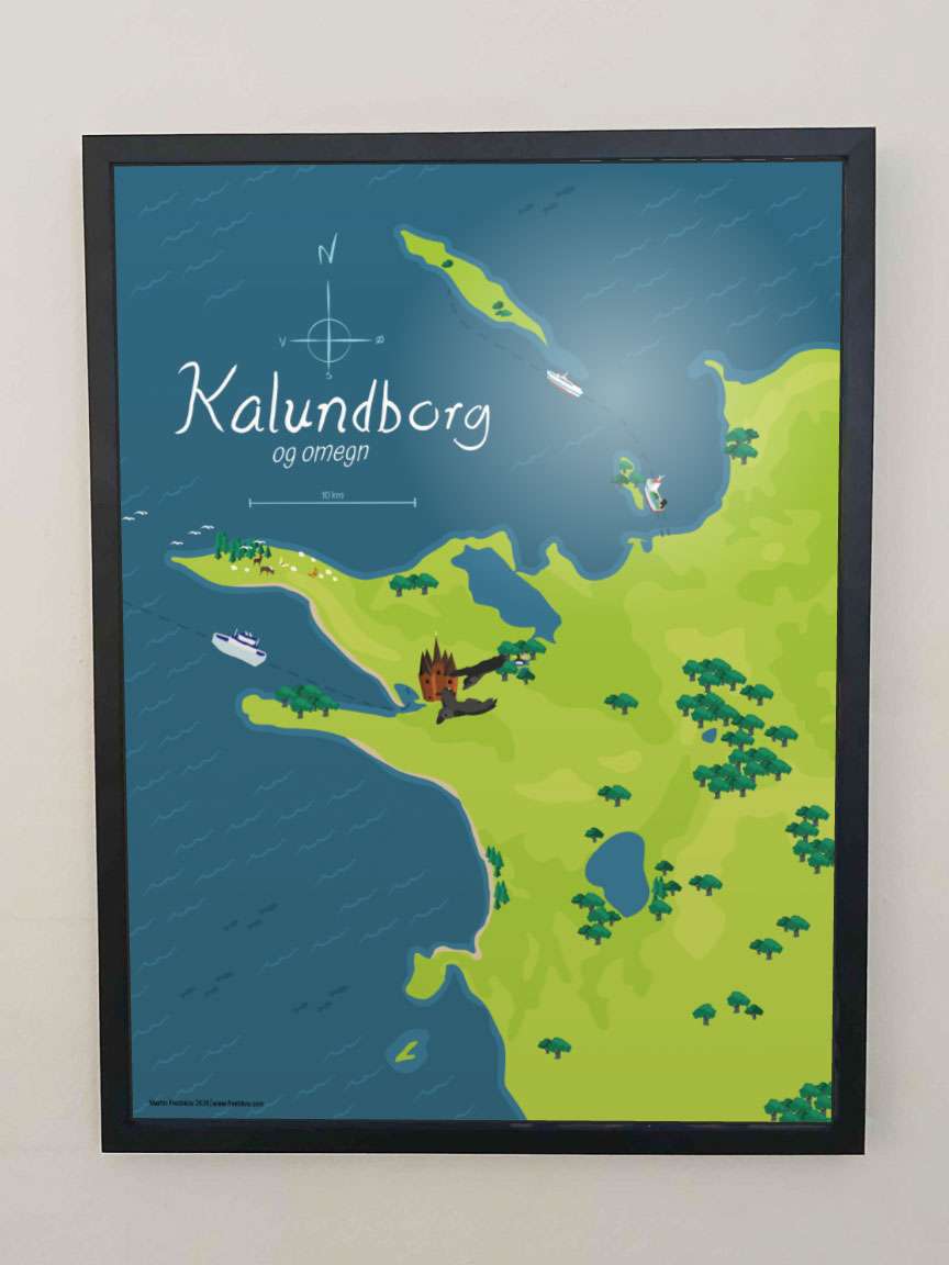 The Kalundborg Municipality map poster in a black frame on a wall