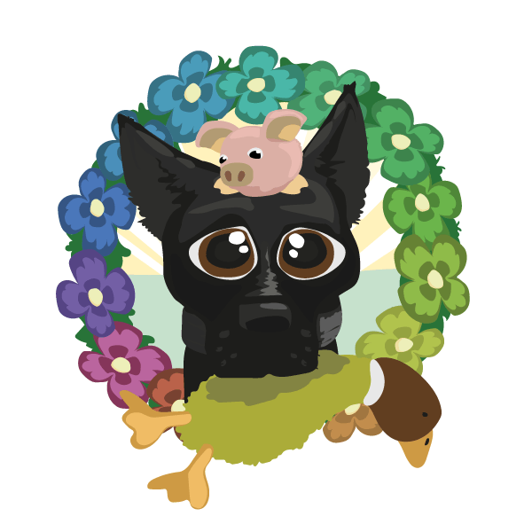 Caricature of a big black dog with big puppy eyes surrounded by toys