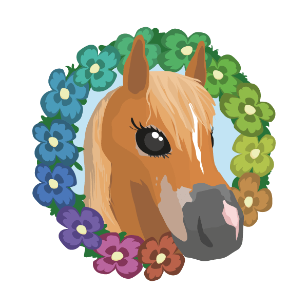 A chestnut coloured horse with big eyelashes framed by a flower crown